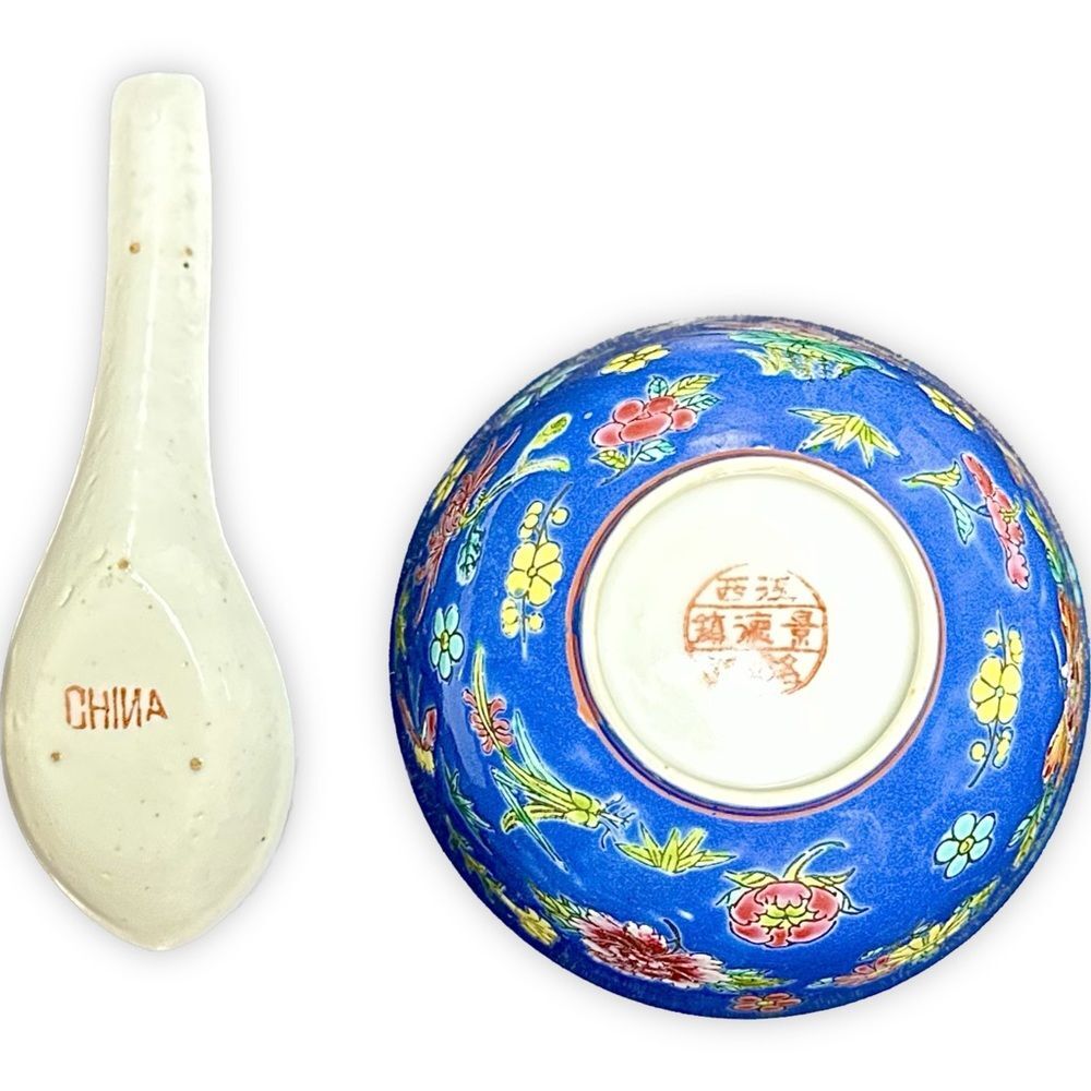 Vintage Famille Rose Blue Ground Millefleur Porcelain Rice Bowl & Spoon - Picture 4 of 10